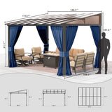 Gotland 10FTx12FT Outdoor Wall-Mounted Hardtop Pergola, Metal Frame Gazebo with Sloping Sun Panel Roof and Double Curtains for Patio, Garden, Lawn, Navy Gotland