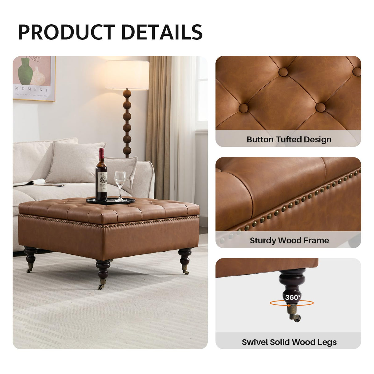 obmedin Large Square Storage Ottoman Uphlostered Tufted Button Coffee Table, Oversized Footrest Bench with Castered Rolling Wheels for Living Room, Brown Faux Leather obmedin