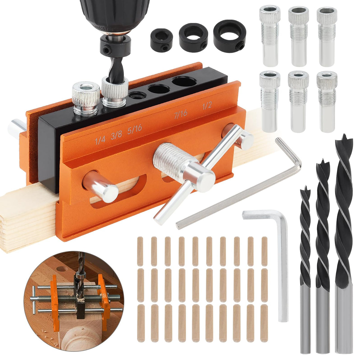 Omninmo Self Centering Doweling Jig, Adjustable Width Dowel Jig Kit for Straight Holes, Biscuit Joiner Set with 3 Drill Bits, 6 Drill Guide Bushings, 30 Wooden Dowels Omninmo