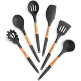 Cookward Silicone Cooking Utensils Set (6 pcs) Natural Wood Kitchen Utensils – Eco Friendly & BPA Free, Non-Scratch & Non-Stick Easy Grip -Black cookward