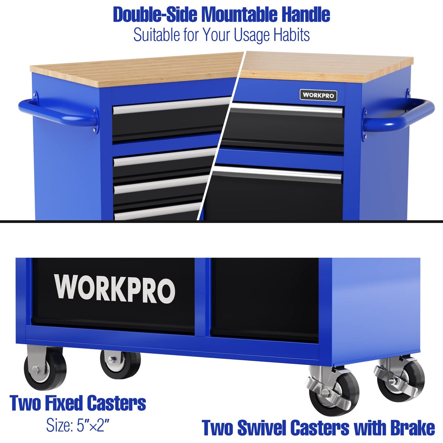 WORKPRO 42-Inch 7-Drawers Rolling Tool Chest, Mobile Tool Storage Cabinet with Wooden Top, Equipped with Casters, Handle, Drawer Liner, and Locking System, 1000 lbs Load Capacity - WoodArtSupply