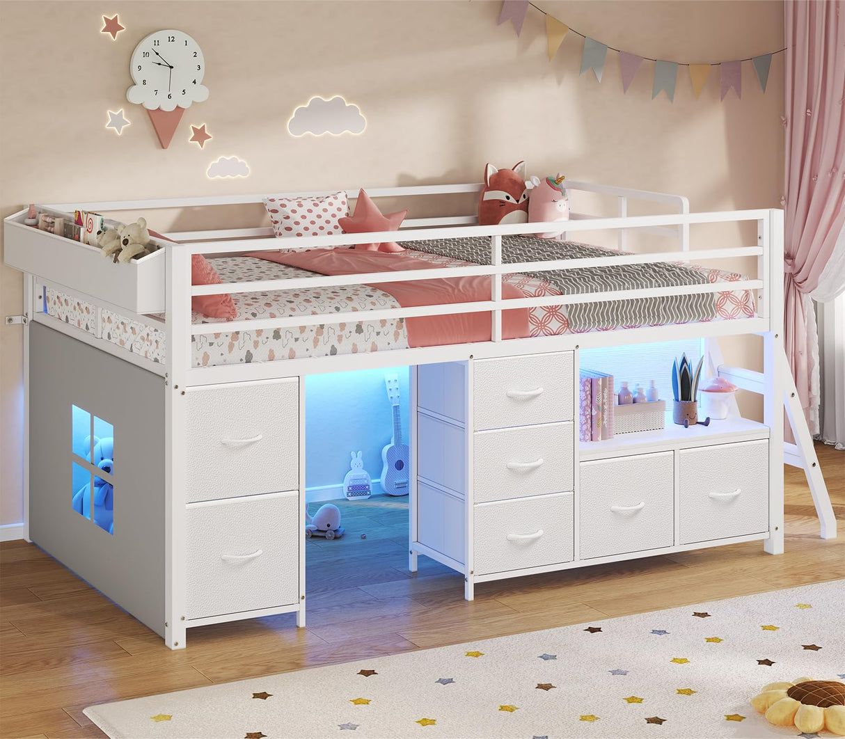 ADORNEVE Low Loft Bed Twin Size with 7 Storage Drawers, Bookcase and LED Lights, Metal Kids Loft Bed with 14" H Safety Guardrail,Inclined Ladder and Play Curtain, Under-Bed Play Space, White ADORNEVE
