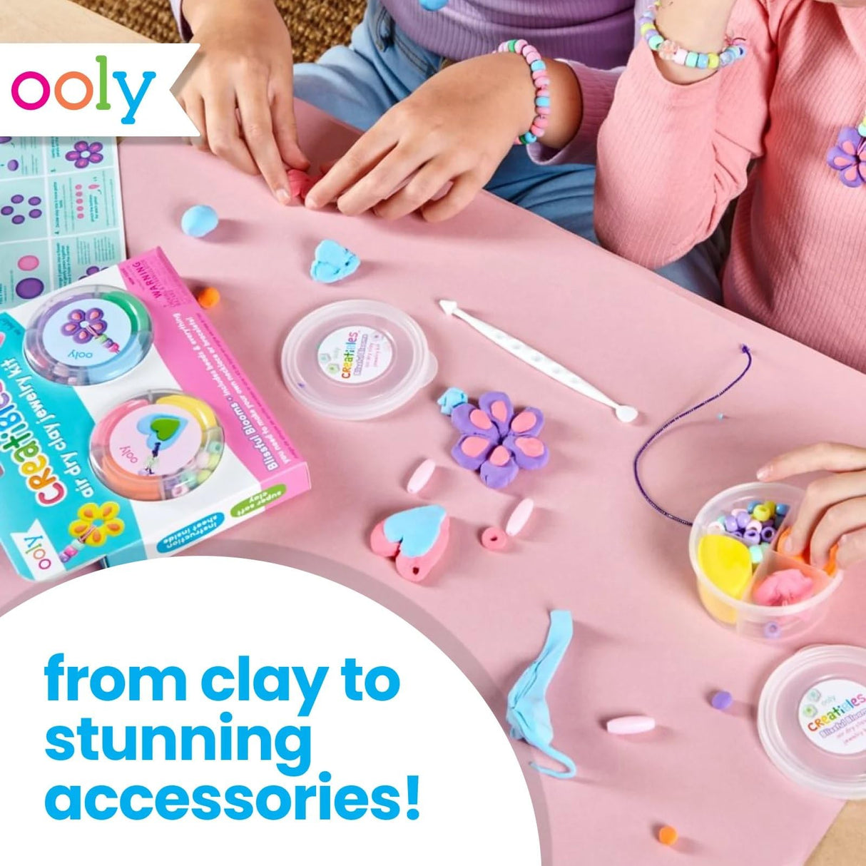 Ooly Creatibles Air Dry Clay Jewelry Kit for Kids, DIY Art Jewelry Making Kit with 6 Clay Colors, Beads, Shaping Tool, and Elastic Yarn, Non-Toxic Craft Supplies for Kids Ages 6 and Up Ooly