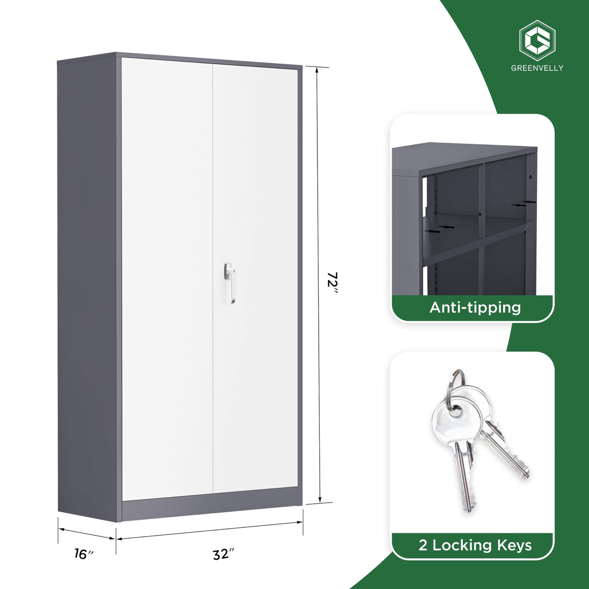 Greenvelly Metal Garage Storage Cabinet, 72”Locking Steel Storage Cabinet with 2 Doors and 4 Adjustable Shelves, Metal Tool Cabinets, Metal File Cabinet with Lock for Home Office, School(Gray White) Greenvelly