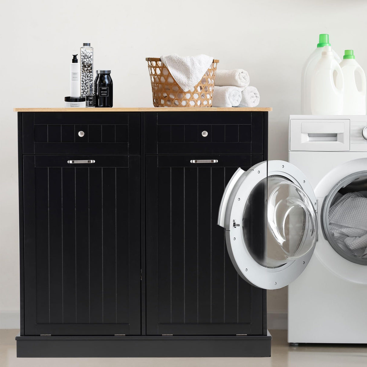 Spurgehom 13 Gallons Tilt Out Trash Cabinet Kitchen Waste Bins Modern Kitchen Trash Cabinet with Adjustable Shelf and Hideaway Drawers, Pet Proof Trash Can Holder for Kitchen Living Room, Black Spurgehom