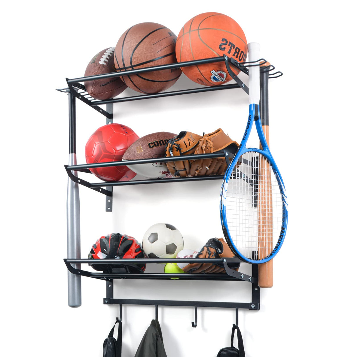 XCSOURCE Garage Sports Equipment Storage Rack with 3 Separate Shelf, Ball Rack, Sport Equipment Organizer with 4 Hooks for Badminton Racket, Basketball Rack for Basketball Football Rugby XCSOURCE