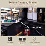 LUXOAK 54" Tall Vanity Desk with 35" W x 24" H Large Mirror and Lights, Large Makeup Vanity Table with 5 Drawers, 3 Shelves and Charging Station, Glass Top Desk for Bedroom, Dressing Room, Black LUXOAK