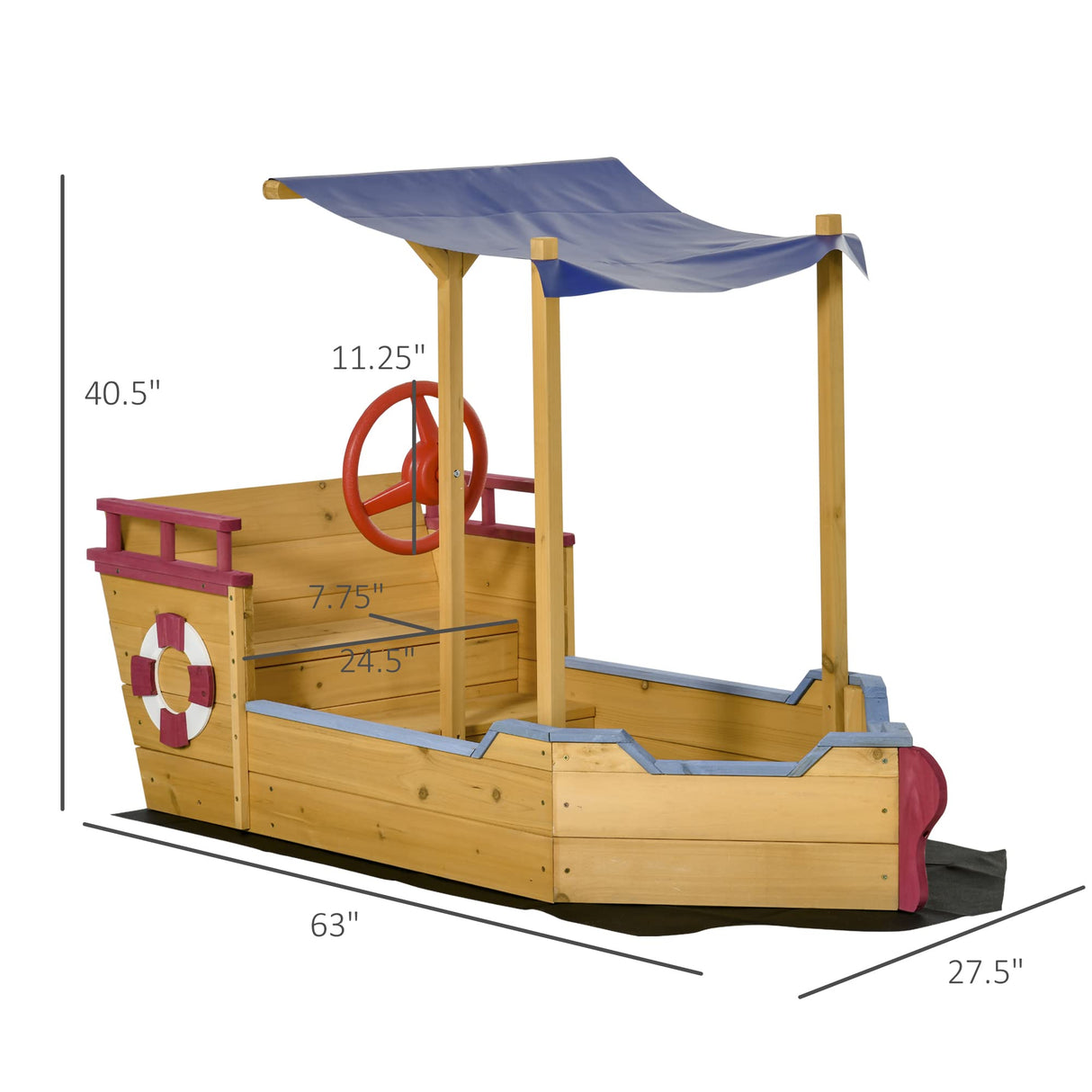 Outsunny Pirate Ship Sandbox with Cover and Rudder, Wooden Sandbox with Storage Bench and Seat, Outdoor Toy for Kids Ages 3-8 Years Old Outsunny