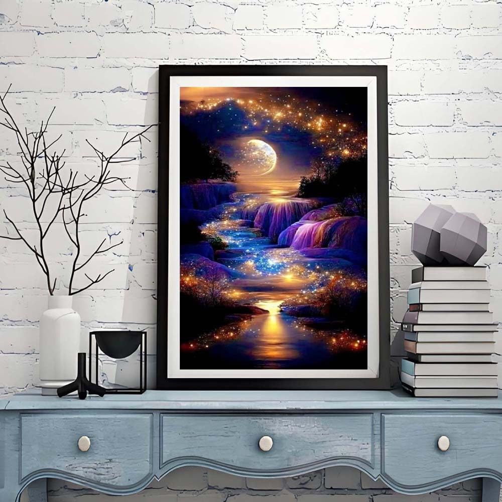 Waterfall Landscape Diamond Art Kits For Adults,DIY Moonlight Diamond Painting Kits For Adults Beginners,5D Full Drill Diamond Dots With Diamond Gem Art And Crafts For Home Wall Decor 12x16inch ZQEATRY