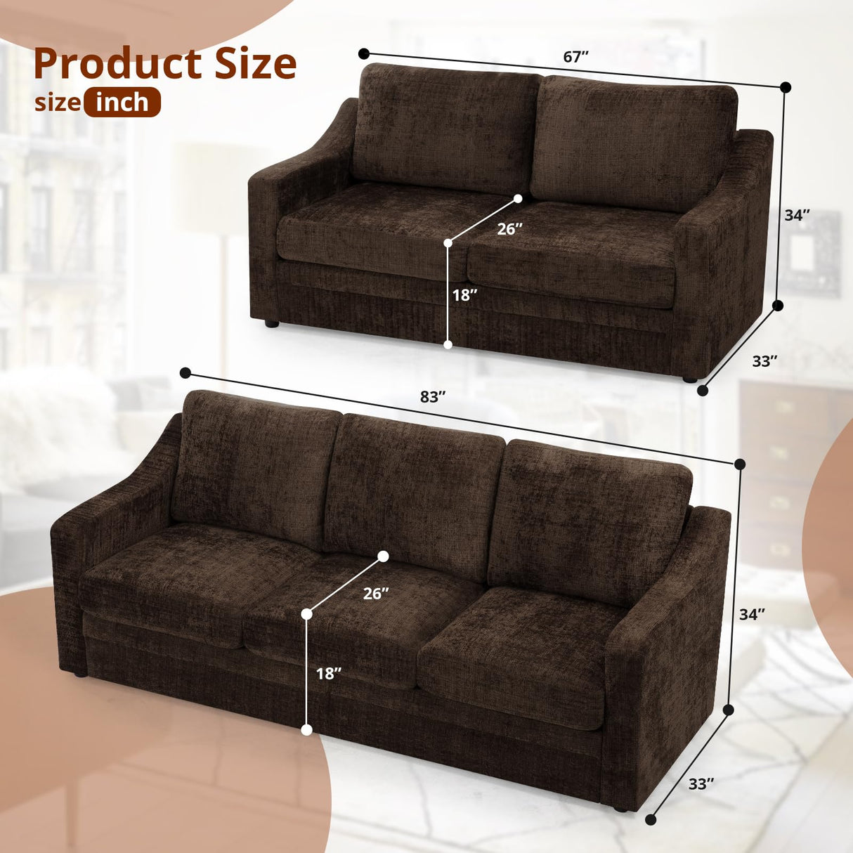 ACMEASE 2 Pieces Chenille Sofa Sets w/Comfortable Back Cushions, Modern Loveseat & Sofa w/Deep Seat Space, Upholstered 2 Seat & 3 Seats Couch Sets w/High Resiliency Foam for Living Room, Office Brown ACMEASE