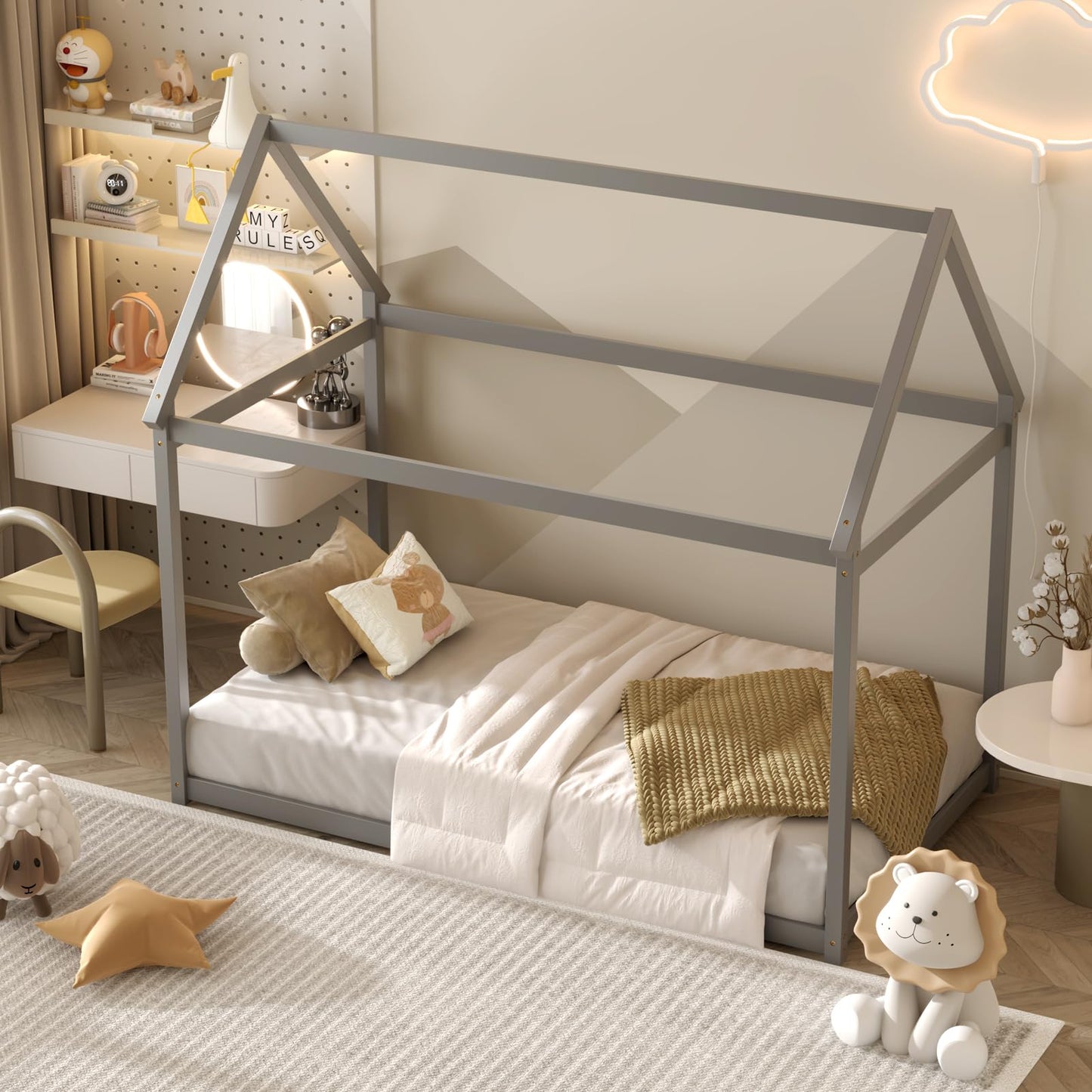 Giantex Twin House Bed Frame - Montessori-Inspired Wood Bed with Canopy Design for Kids and Teens in Grey