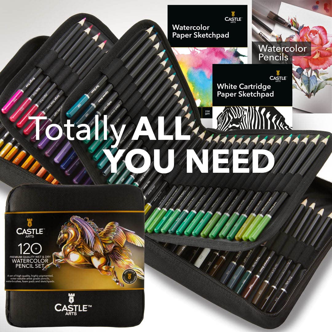 Castle Art Supplies 120 Watercolour Pencils Set with Extras | Quality Vibrant Pigments | Draw and Paint at the Same Time | For Adult Hobbyists, Professionals | In Carry-anywhere Travel Case Castle Art Supplies