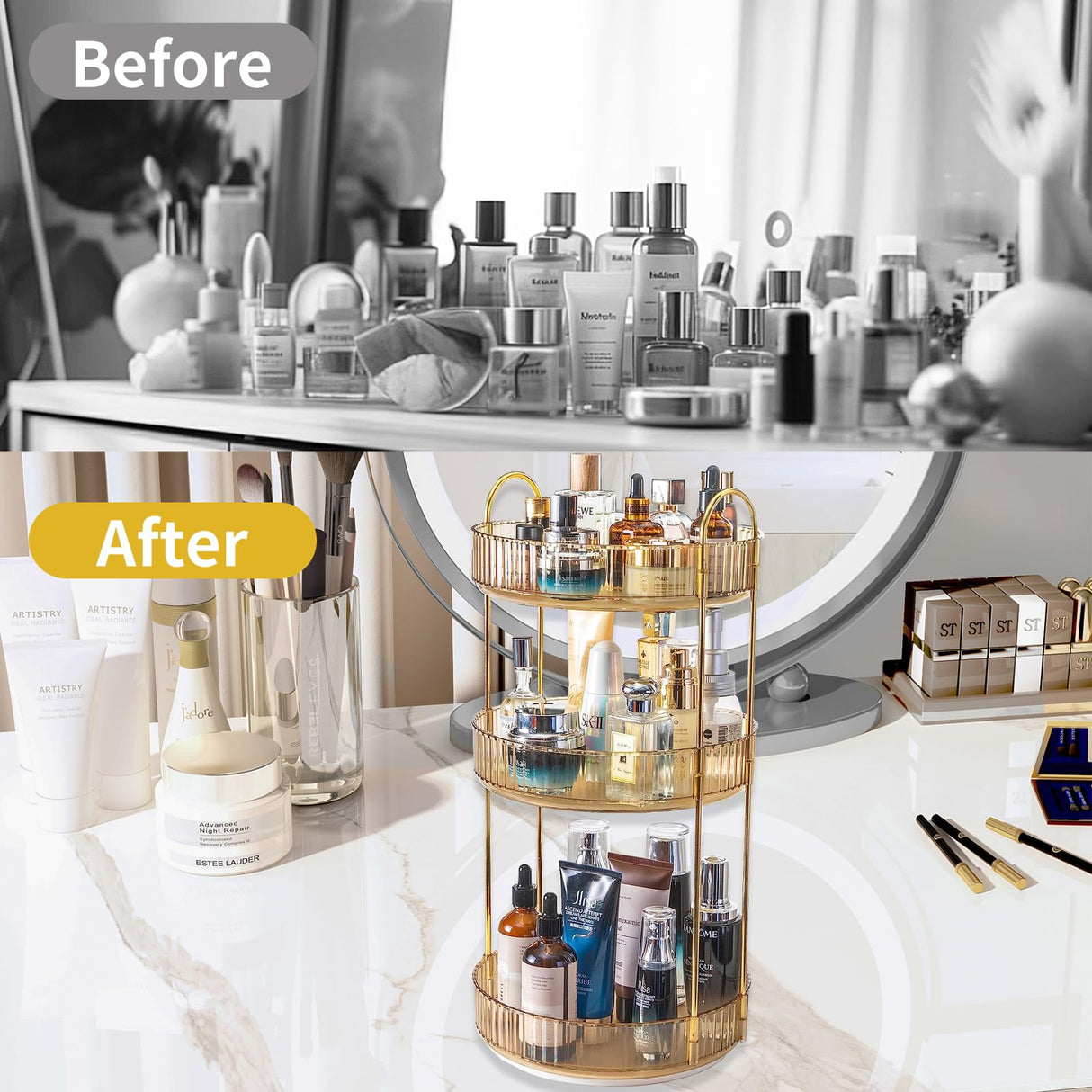 Asayuee 360 Rotating Makeup Organizer for Vanity,3 Tier Large Capacity Vanity Storage,Skincare Perfume Spinning Organizer,Bathroom Cosmetics Storage Makeup Stand Organizer (Gold-3 Tier) Asayuee