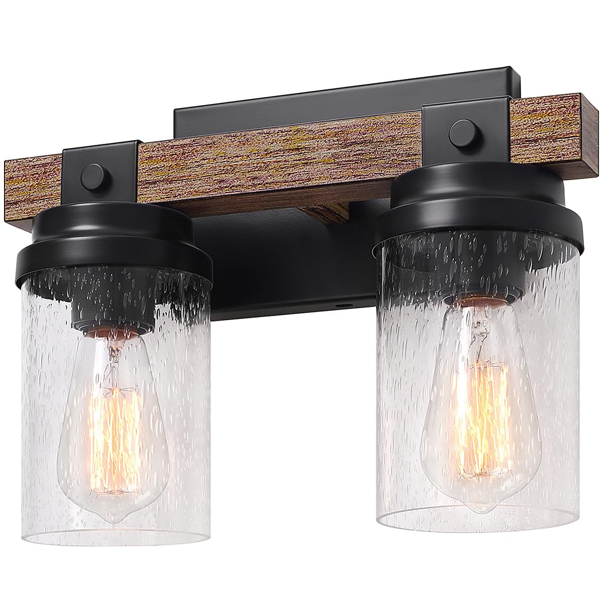 2-Light Farmhouse Vanity Lights for Bathroom, Rustic Bathroom Light Fixtures with Pretty Glass Shade, Black Industrial Wood Grain Wall Sconce for Bathroom Hallway Bedroom - WoodArtSupply