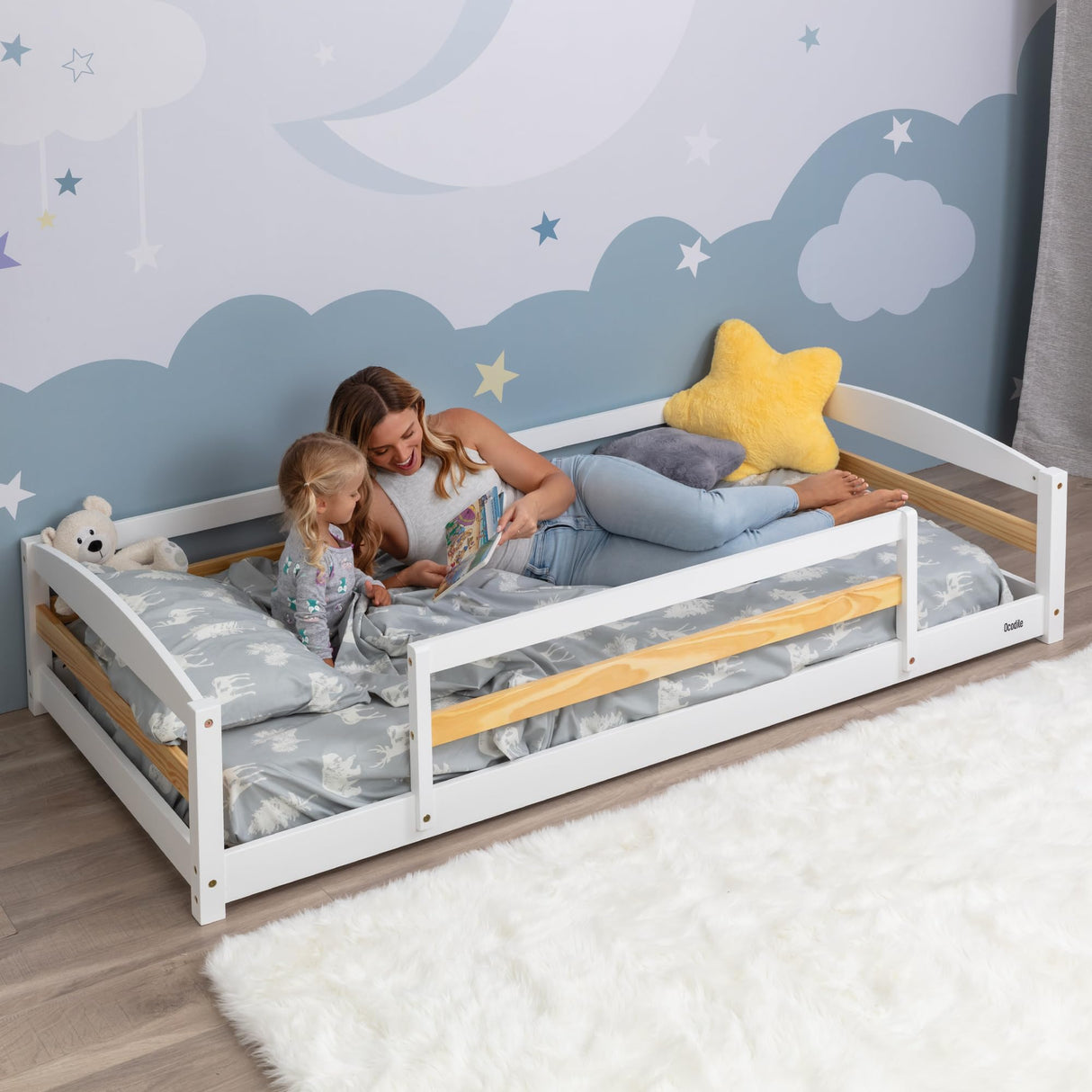 Twin Floor Bed with Safety Guardrails for Kids, Montessori Inspired with Rails and 2 Openings, Twin Size Bed Frame for Girls and Boys - White Ocodile