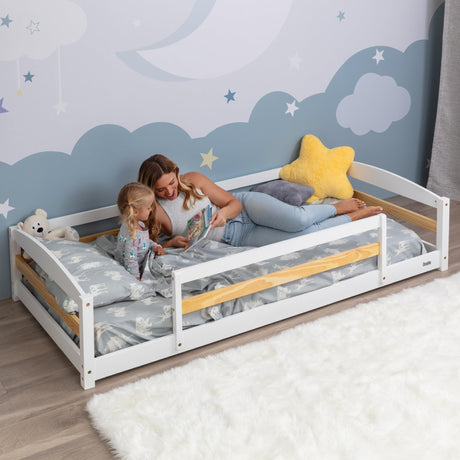Twin Floor Bed with Safety Guardrails for Kids, Montessori Inspired with Rails and 2 Openings, Twin Size Bed Frame for Girls and Boys - White Ocodile
