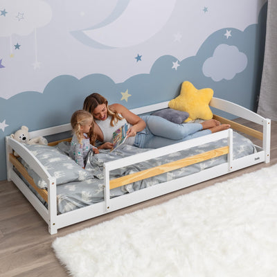 Twin Floor Bed with Safety Guardrails for Kids, Montessori Inspired with Rails and 2 Openings, Twin Size Bed Frame for Girls and Boys - White