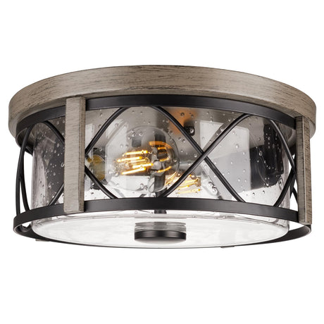 Rosient Rustic Close to Ceiling Light Fixtures, Farmhouse Wood Grain Flush Mount Ceiling Lighting, Metal Cage Lighting with Seeded Glass for Home Kitchen Dining Room Bedroom Hallway Entryway Foyer Rosient
