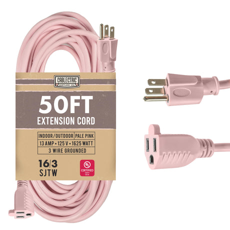 Cablectric Outdoor Extension Cord 50 ft - 16 Gauge 13 Amp Heavy Duty Power Extension Cords - SJTW - Great for Small Appliances, Outdoor Lights, Garden Supplies - Pink Cablectric