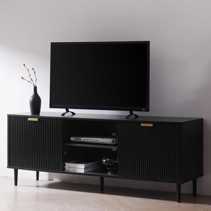 Okvnbjk Black TV Stand, Modern TV Consoles for Living Room 65+ Inch TV, Fluted Panel Media Console with Sliding Doors & Ajustable Shelves, Entertainment Stand with Storage Cabinets