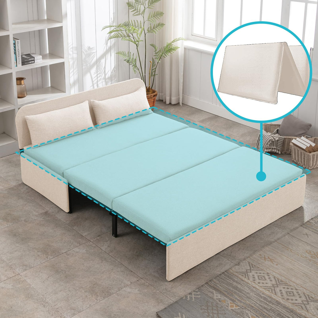 CECER Queen Size Pull Out Sofa Bed With 2 Pillows, Linen Convertible Sleeper With Comfy Mattress, 2 in 1 Armless Loveseat for Small Space-Beige CECER