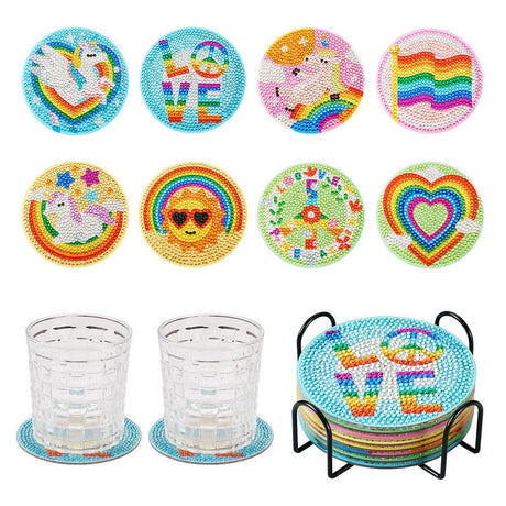 FASHEWELRY 8pcs Rainbow Diamond Painting Coaster Kit Diamond Art Crafts LGBT Pride Diamond Dot Coasters for Beginners, Adults FASHEWELRY