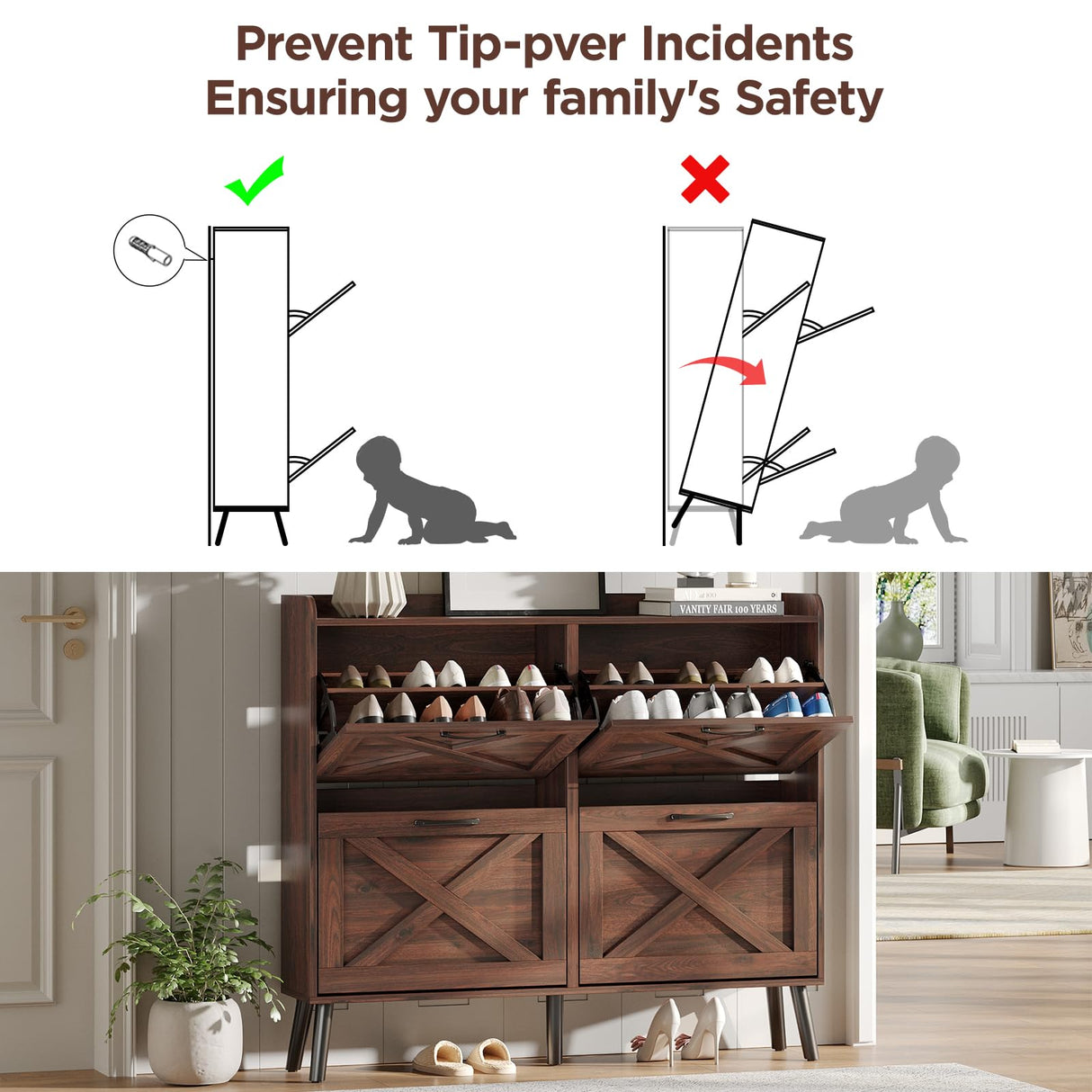 Maupvit Large Shoe Storage Cabinet with 4 Flip Drawers, Narrow Shoe Cabinet for Entryway with Wooden Legs, Freestanding Hidden Shoe Rack Organizer ＆ Metal Hinges, Walnut Maupvit