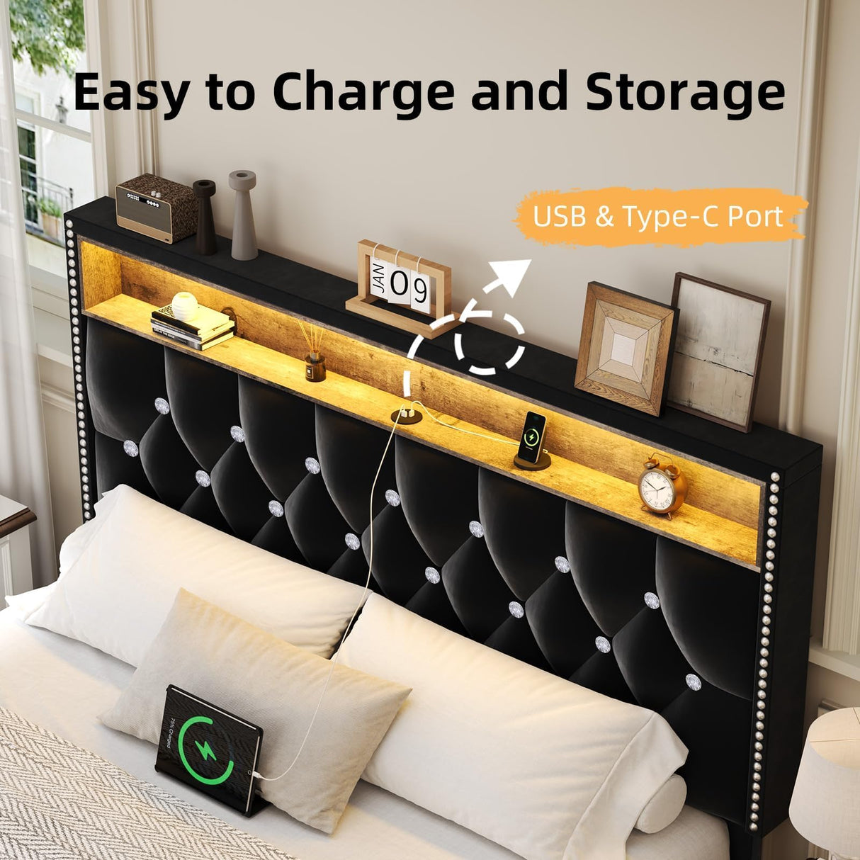 Queen Size Bed Frame with LED Lights and Headboard, Velvet Upholstered Bed Frames Queen with Charging Station and Storage, Modern Diamond and Rivet Design, No Box Spring Needed, Easy Assembly, Black HOMBCK