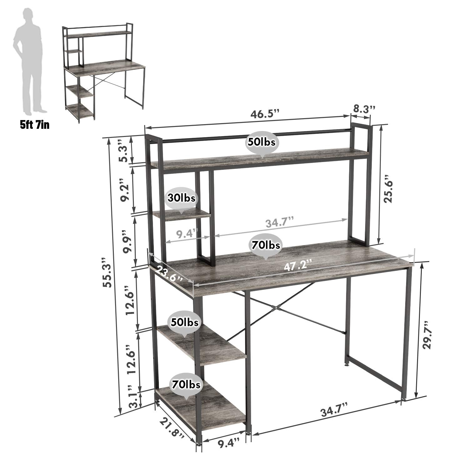 Nost & Host Rustic Grey Computer Desk with Hutch and Adjustable Shelves for Home Office and Gaming - WoodArtSupply