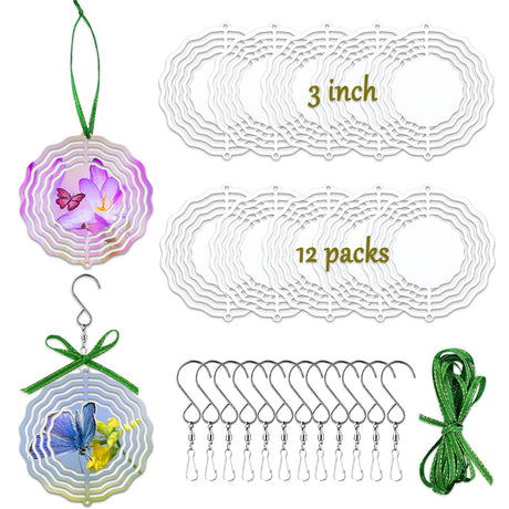WindMage 12 Pack 3inch Sublimation Wind Spinner Blanks 3D Aluminum Metal Wind Sculpture Kinetic Spinners for Yard Garden Indoor Art Ornaments Xmas Hanging Decoration (Floral) WindMage