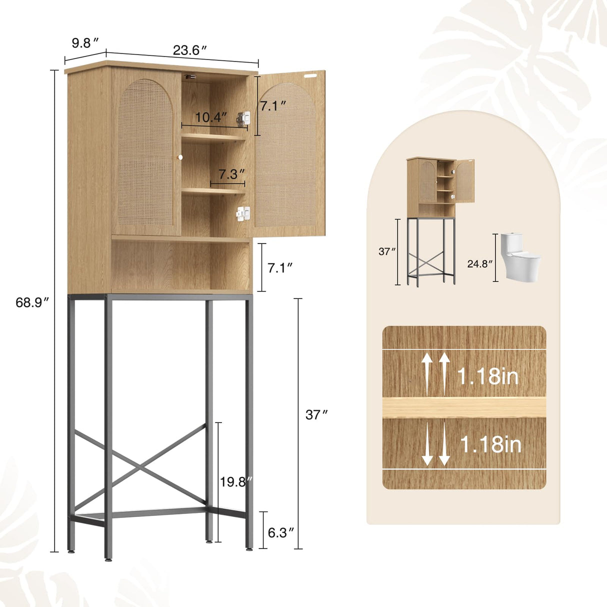 Rattan Toilet Storage Cabinet, Over the Rack Wood Cabinet with Metal Stand, Bathroom Organizer with Adjustable Shelf, Tall Freestanding Washer Shelf, Small Cupboard, Space Saver, Natural style Befrases