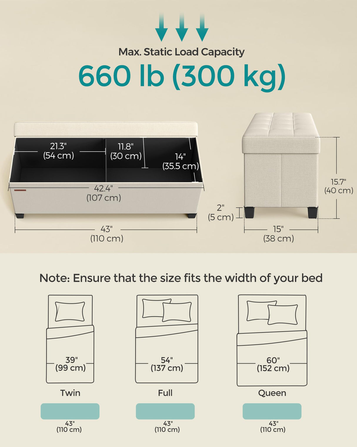 SONGMICS Storage Ottoman Bench, Foldable Foot Rest with Legs, 15 x 43 x 15.7 Inches, End of Bed Bench, Storage Chest, Load up to 660 lb, for Living Room, Bedroom, Entryway, Cream White ULSF018W01 SONGMICS