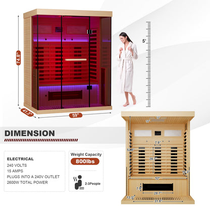 SAUNAERA Full Spectrum Infrared Sauna，2-3 Person Home Sauna，Wooden Canadian Hemlock Indoor Spa Sauna with Resonance Speaker, Panoramic Tempered Glass Door