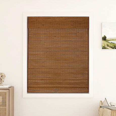 LUSTROWIN Cordless Bamboo Roman Shades, Light Filtering Window Treatment Roman Blinds with Valance, Natural Bamboo Shades for Indoor Windows, Charcoal, 32" W x 74" H LUSTROWIN