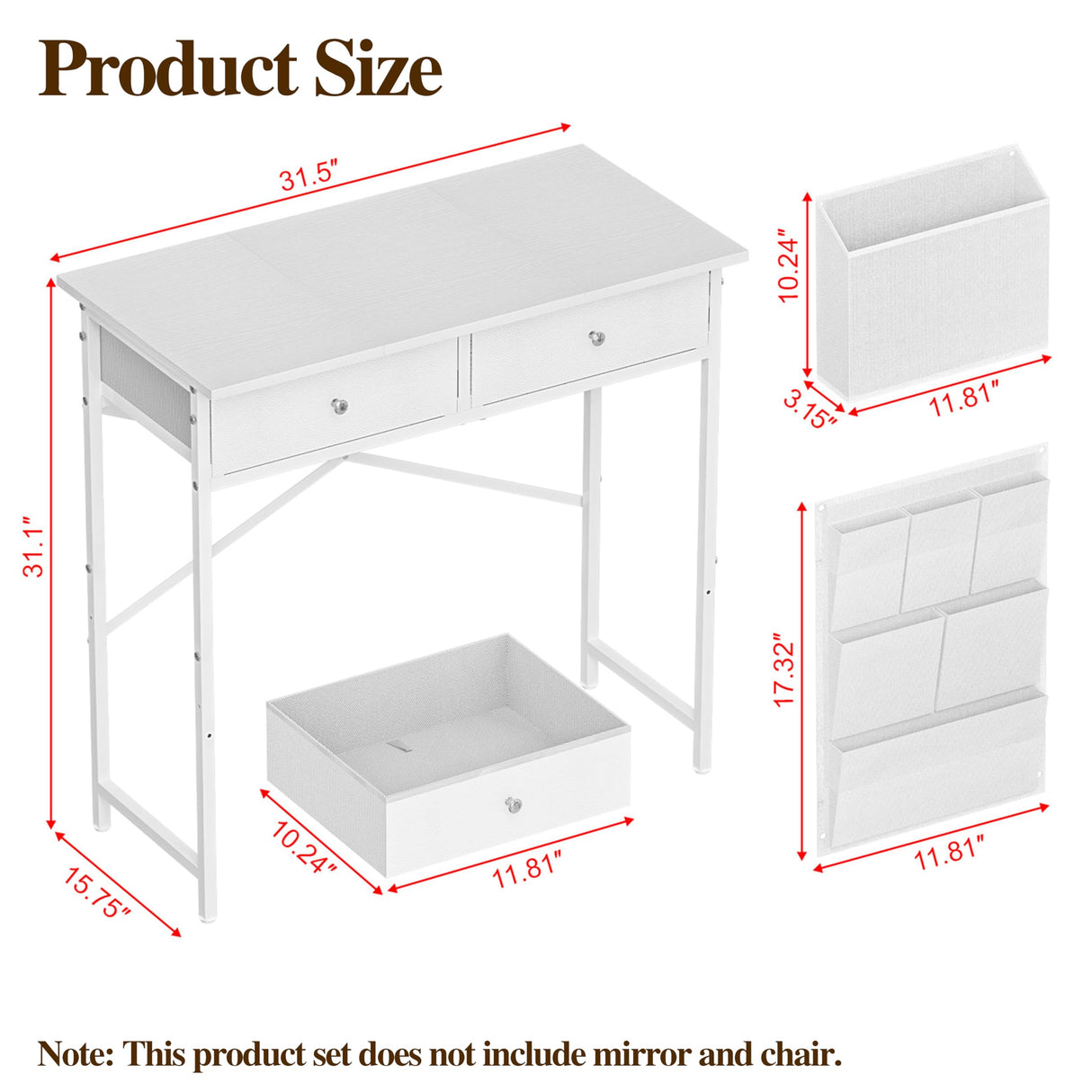 White Vanity Desk with Fabric Drawer, 32 Inch Small Makeup Vanity Desk No Mirror No Chair, Girls Dressing Table with Side Pocket, Modern Vanity Table for Cosmetics, Hair Tools in Bedroom Dressing Room Zuyachuza
