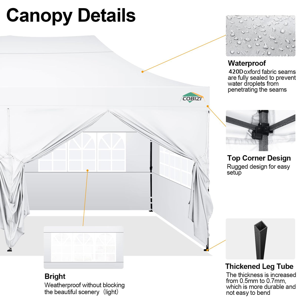 COBIZI 10x20 Pop up Canopy Tent 10x20 Canopy with 6 Sidewalls Waterproof Heavy Duty Commercial Canopy Tent for Parties Outdoor Tent Garden Gazebo Tent, Carry Bag with Wheel(10x20ft, White) COBIZI