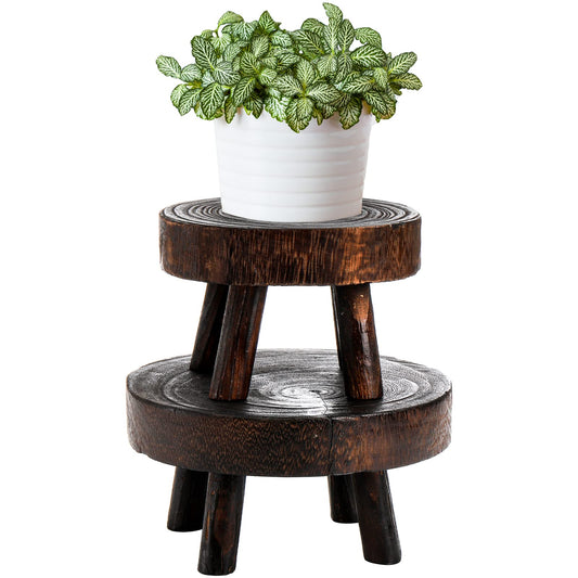 TOPZEA Set of 2 Mini Wooden Stool Display Stand, Wood Riser for Bonsai, Flower Pot, Small Potted Plant Stands Round Rustic Planter Stools Pedestal Risers for Garden, Patio, Home - WoodArtSupply