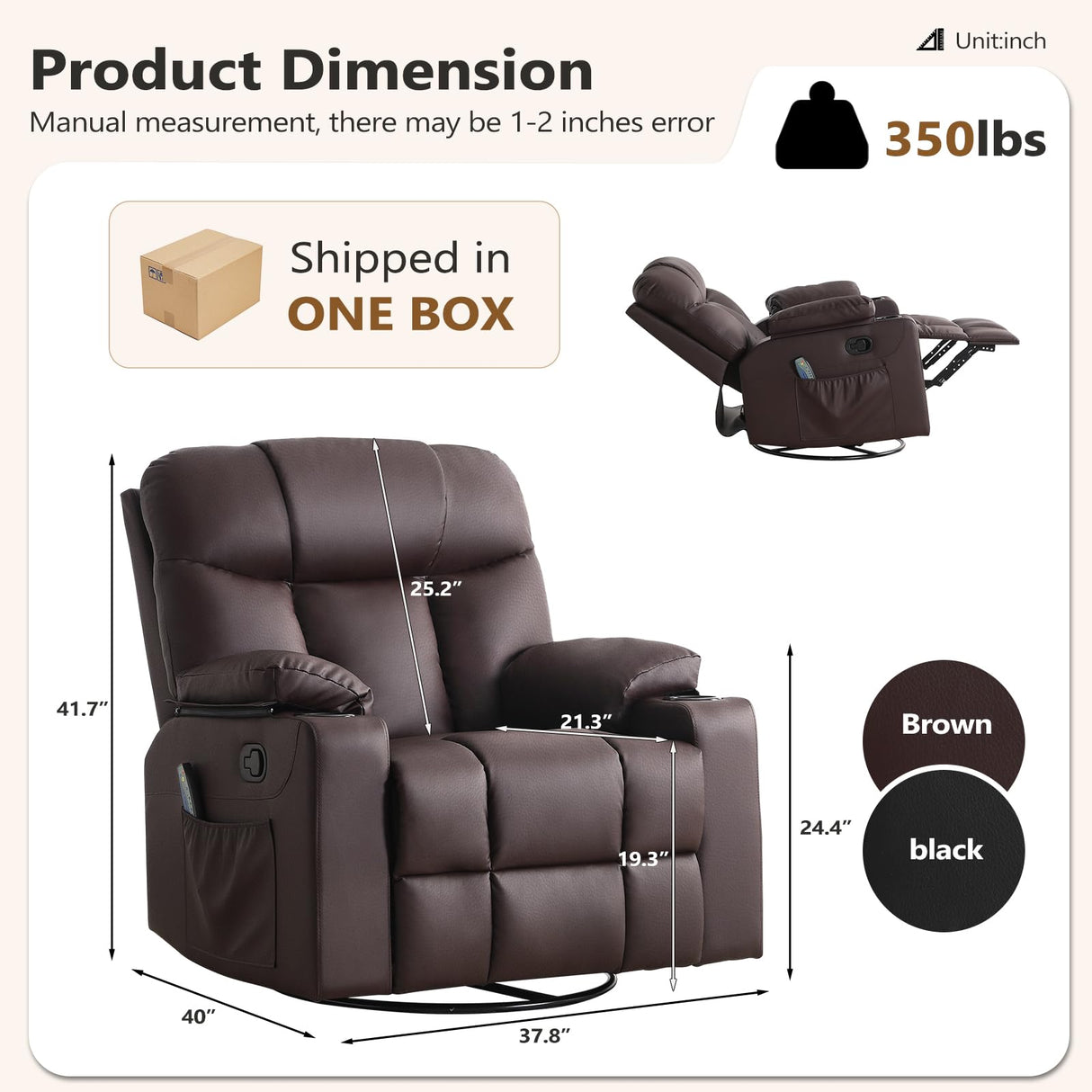 ANJ Swivel Rocker Recliner Chair, Manual PU Leather, 360° Swivel with Massage & Heat for Living Room, Brown ANJ