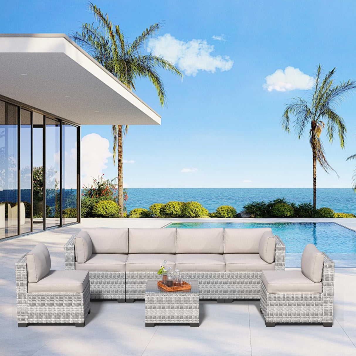 JMGJOY 7 Piece Patio Furniture Set, Rattan Outdoor Patio Conversation Sets, Outdoor Sectional Furniture with Cushion and Coffee Table, for Deck, Backyard, Garden, Field Gray JMGJOY