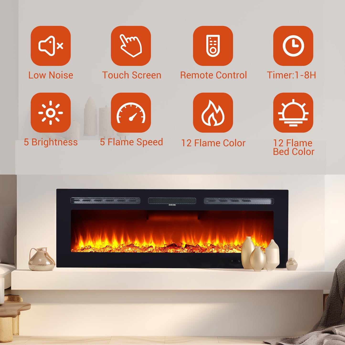 LuyFuitre 60" Electric Fireplace Wall Mounted, Recessed Wall Fireplace Electric with Remote Control & Touch Screen, Ultra Thin Electric Fireplace Heater, Adjustable 12 Flame Colors 5 Speed, 750/1500W