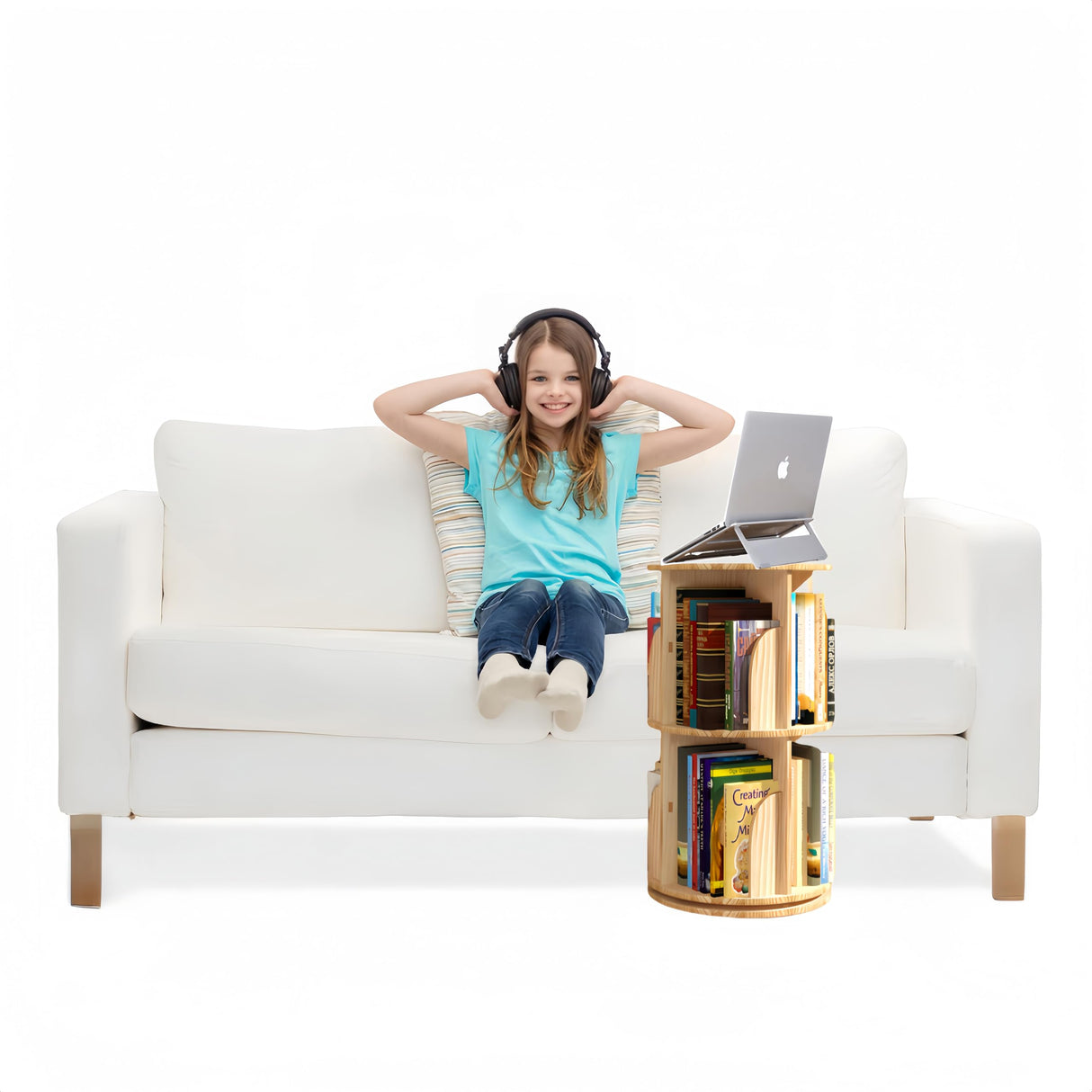 TidyEasy 2 Tier Rotating Bookshelf, 360° Display Floor Standing Bookcase, Rotating Bookshelf for Kids & Adults, Spinning Bookshelf Tower for Classroom Bedroom Living Room TidyEasy