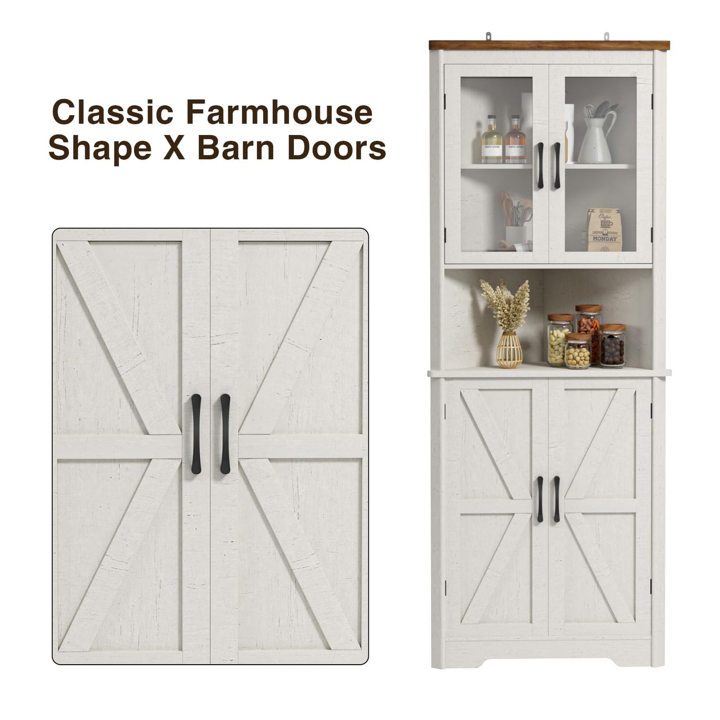 67''H Tall Corner Cabinet with 4 Tempered Glass Doors and Barn Doors, Farmhouse Storage Cabinet with 5 Adjustable Shelves, Home Pantry Hutch for Kitchen, Dining Living Room, Bathroom, Antique White