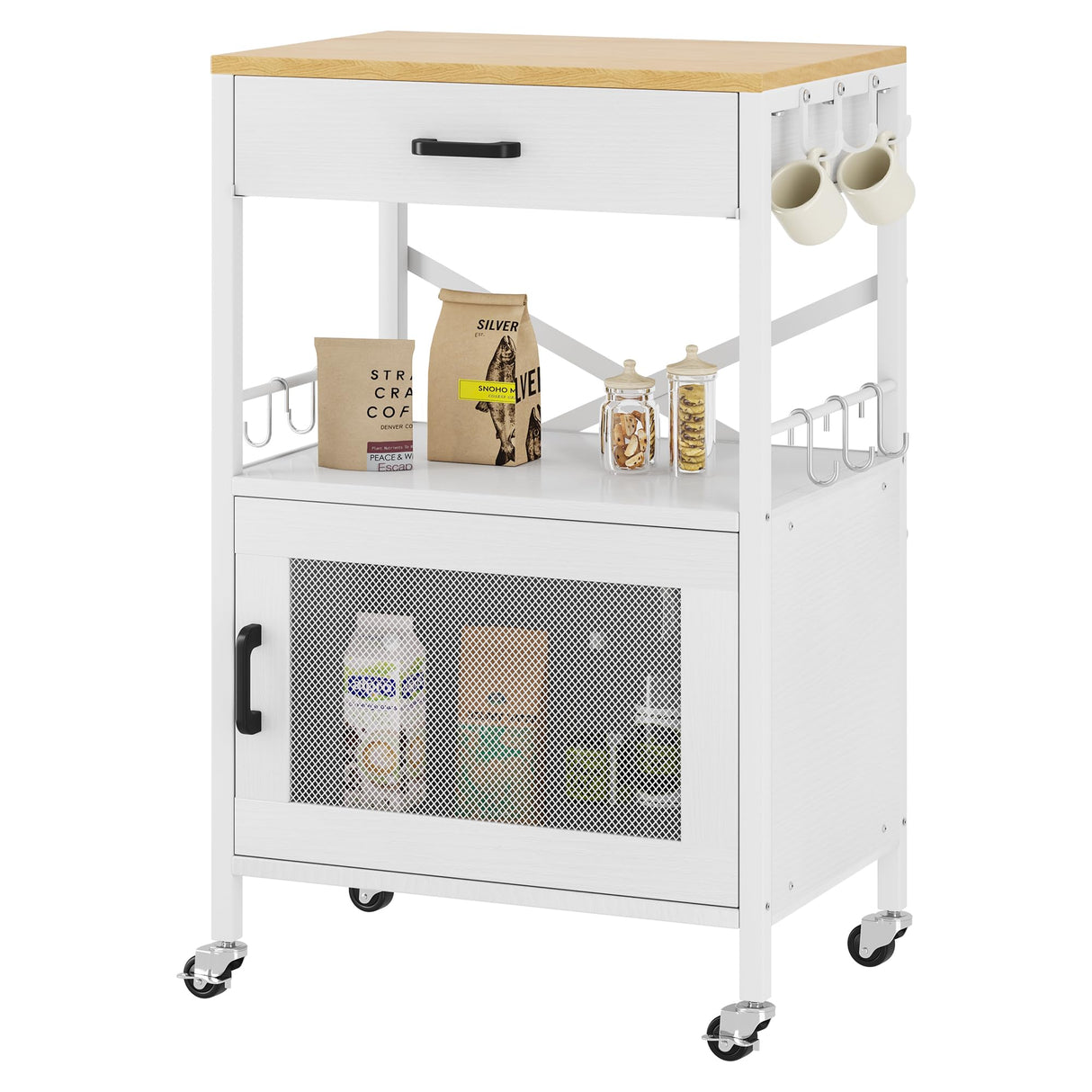 Homeiju Kitchen Island Cart, Kitchen Storage Cart with Drawer, Microwaves Stand, Coffee Cart, Rolling Kitchen Cabinet Cart with Hooks for Kitchen, Dining Room, White Homeiju