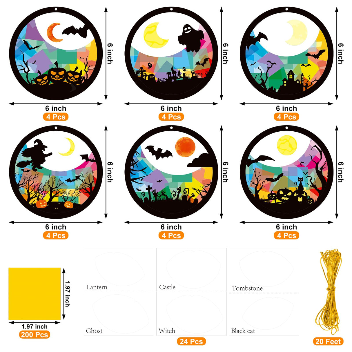 TENDFINE 24 Sets Halloween Night Suncatcher Craft Kit DIY Bat Ghost Tissue Sign Paper Art Craft Activity Halloween Ornament Home Classroom Window Decoration TENDFINE