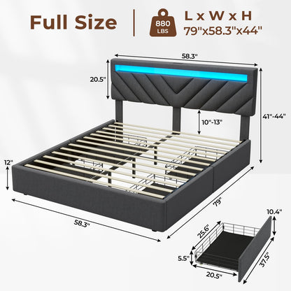 Modern Dark Grey LED Platform Bed Frame with 4 Storage Drawers and USB Charging Stations - WoodArtSupply