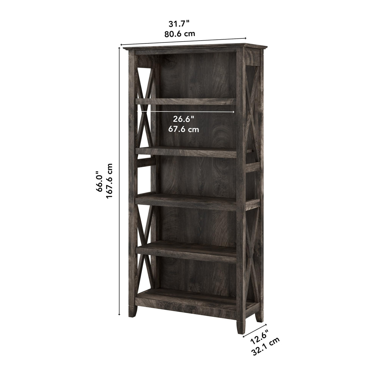 Bush Furniture Tall 5 Shelf Bookcase for Living Room or Home Office, Large Bookshelf, Modern Farmhouse Style, Key West Collection, Dark Gray Hickory Bush Furniture