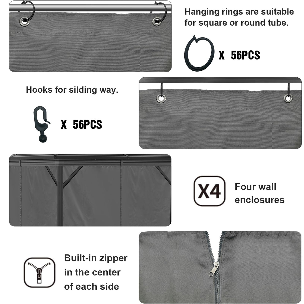 10'x12' Privacy Gazebo Curtains Outdoor Waterproof, 4-Panels Sidewall Curtains Universal Replacement with Zipper for Patio, Backyard, Garden (Only Curtains, Grey) Mogtuo