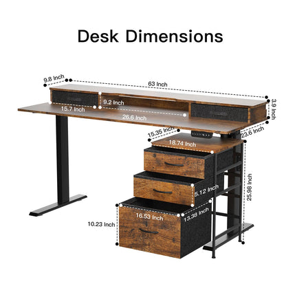 REGISDESK 63 Inch Electric Standing Desk with Cabinet & Drawers, Height Adjustable Sit Stand Desk with Monitor Shelf, Smart Home Office Standing Computer Desk, Rustic Brown - WoodArtSupply