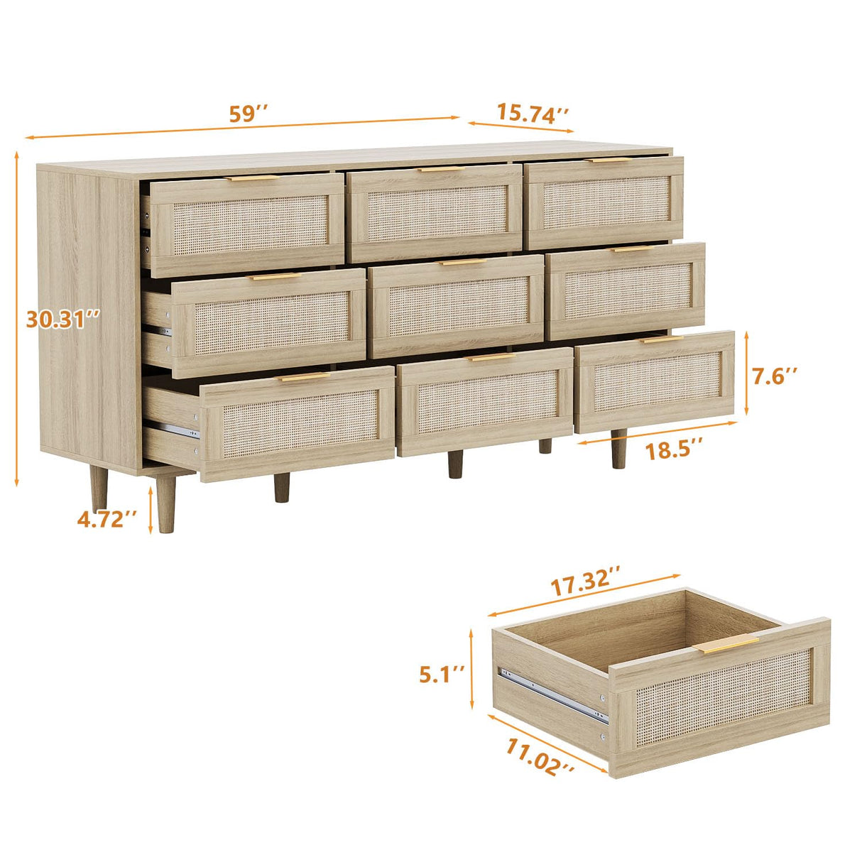 Angel Sar 59'' Boho 9 Drawer Dresser for Bedroom, Modern Rattan Dresser with Golden Handles, Sturdy Wood Legs & Anti-Tipping Design, Wood Closet Organizer Storage Cabinet with 9 Drawers Angel Sar