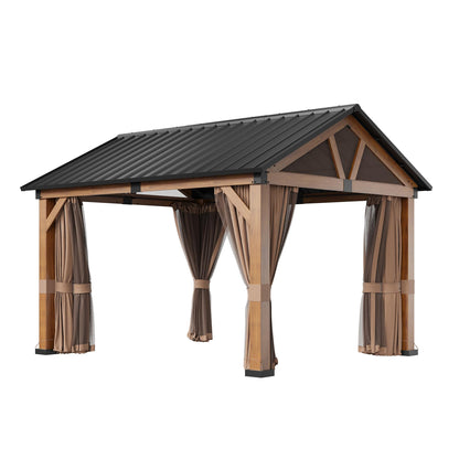 11 x 13 ft Hardtop Gazebo Wood Grain Aluminum Frame Gazebo Pavilion with Privacy Curtain and Mosquito Netting, Galvanized Steel Roof for Backyard